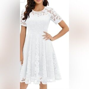 Daisyaner short sleeve lace floral elegant cocktail crew neck lined dress lg